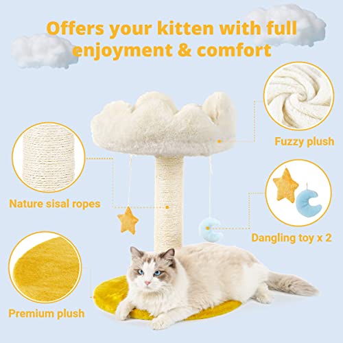 Happi N Pets Cloud Cat Scratching Post with Bed, Cat Tree Tower for Indoor Cats, Nature Sisal Cat Scratcher with Cozy Fluffy Perch for Kitten & Adult Cats, Small Cat Tower with Toys, Stable Cat Stand