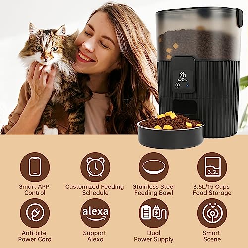 PAPIFEED Automatic Cat Food Dispenser with APP: WiFi Automatic Cat Feeders with Alexa for Pet Dry Food,Timed Auto Feeder 1-10 Meals Per Day with Anti-bite Power Cord,Stainless Steel Bowl for Cat, Dog