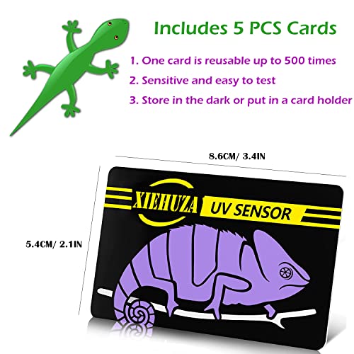 XIEHUZA 5Pack Quick UVB Test Sensor Card, Reusable Reptile UVB Tester Heating Bulb Photochromic UVB Card Indicator Over 500 Times, UVB Light Lamp Meter for Sunglass Test & Sterilizing, 3.4x2.1inch