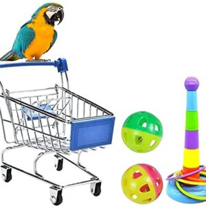 Himmbods Parrot Toys 4PCS, Bird Toy Mini Shopping Cart - Training Rings and Ball - Parrot Playing Chewing Standing Training Toys for Budgie Parakeet Cockatiel Bird Toy Part (Color Random)