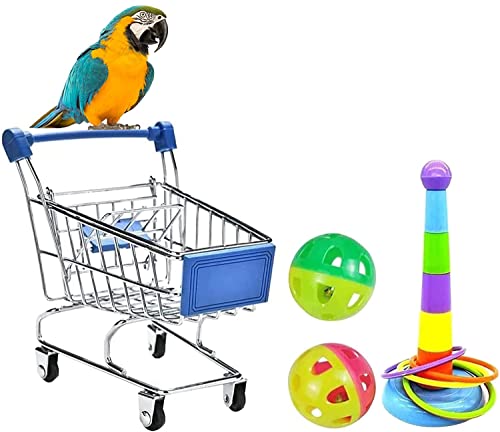 Himmbods Parrot Toys 4PCS, Bird Toy Mini Shopping Cart - Training Rings and Ball - Parrot Playing Chewing Standing Training Toys for Budgie Parakeet Cockatiel Bird Toy Part (Color Random)