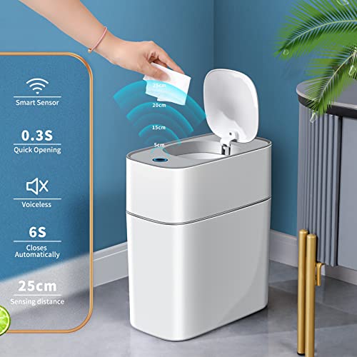 JOYBOS Bathroom Trash Can with Lid, Automatic Bagging Garbage Can, 3.8 Gallon Slim Smart Trash Can, Small Plastic Trash Bin, Narrow Motion Sensor Trash Can for Bedroom, Bathroom, Rv, Office White