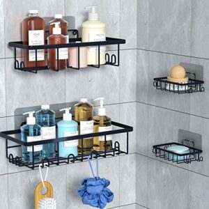 4-pack adhesive shower caddy, bathroom organizer with soap holder, rustproof stainless steel shower organizer, wall mounted no drilling shower rack with hooks for bathroom, kitchen, washroom- black