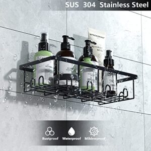 4-Pack Adhesive Shower Caddy, Bathroom Organizer with Soap Holder, Rustproof Stainless Steel Shower Organizer, Wall Mounted No Drilling Shower Rack with Hooks for Bathroom, Kitchen, Washroom- Black