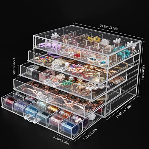 DesignSter Acrylic Jewelry Organizer 5 Drawers Clear Acrylic Jewelry Box for Women Earring Storage Box Transparent Jewelry Display Stand for Crafts Nail-art Trinkets-5 layer