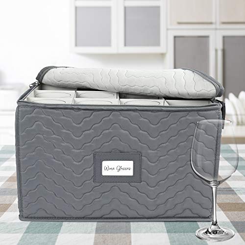 LotFancy Stemware Storage Containers, 2-Pack, Deluxe Quilted Storage Case with Dividers for 24 - Wine Glasses, Champagne Flutes, Glassware, Drinkware Storage Box Chest, 15.5”x12.5”x 10”, Gray