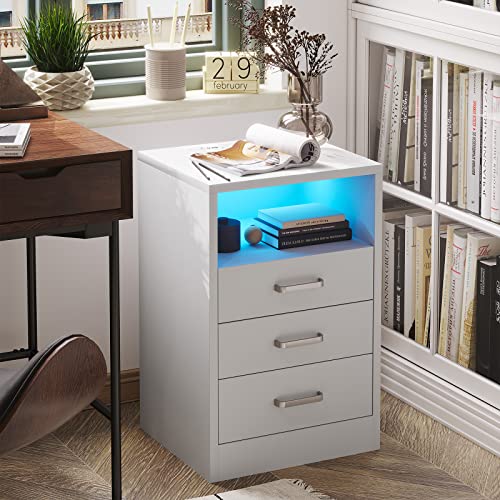 ADORNEVE LED Nightstand with Wireless Charging Stations,Night Stand for Bedroom,Bedside Table with Drawers,Modern End Side Table,White