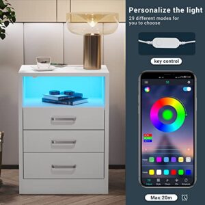 ADORNEVE LED Nightstand with Wireless Charging Stations,Night Stand for Bedroom,Bedside Table with Drawers,Modern End Side Table,White