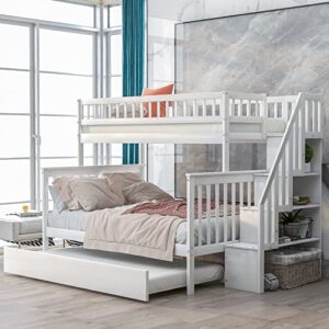 merax twin over full bunk bed with trundle, storage staircase, and guard rail, no box spring needed, white