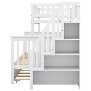 Merax Twin Over Full Bunk Bed with Trundle, Storage Staircase, and Guard Rail, No Box Spring Needed, White