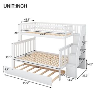 Merax Twin Over Full Bunk Bed with Trundle, Storage Staircase, and Guard Rail, No Box Spring Needed, White