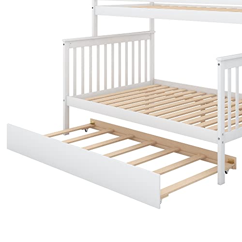 Merax Twin Over Full Bunk Bed with Trundle, Storage Staircase, and Guard Rail, No Box Spring Needed, White