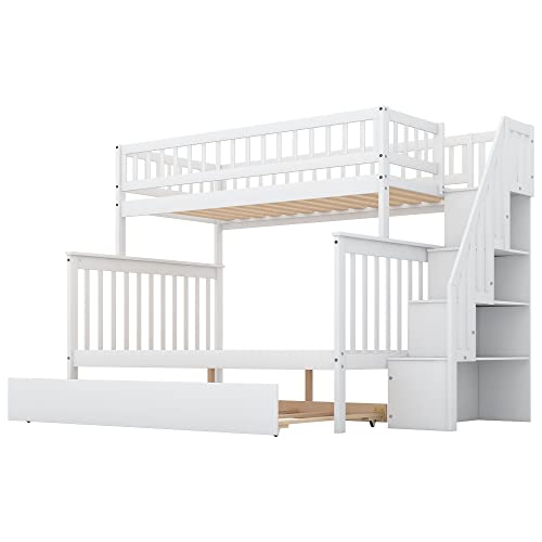 Merax Twin Over Full Bunk Bed with Trundle, Storage Staircase, and Guard Rail, No Box Spring Needed, White