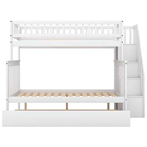 Merax Twin Over Full Bunk Bed with Trundle, Storage Staircase, and Guard Rail, No Box Spring Needed, White