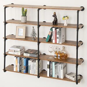 maikailun 60 inch 5 tier industrial pipe shelving, wall mounted pantry farmhouse kitchen shelves open storage bookshelf bookcase large retail display wood planks rack(59 in x 9.8 in x 47 in)