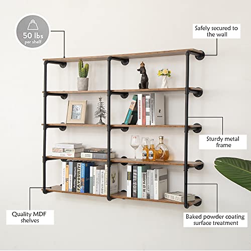 MAIKAILUN 60 inch 5 Tier Industrial Pipe Shelving, Wall Mounted Pantry Farmhouse Kitchen Shelves Open Storage Bookshelf Bookcase Large Retail Display Wood Planks Rack(59 in x 9.8 in x 47 in)