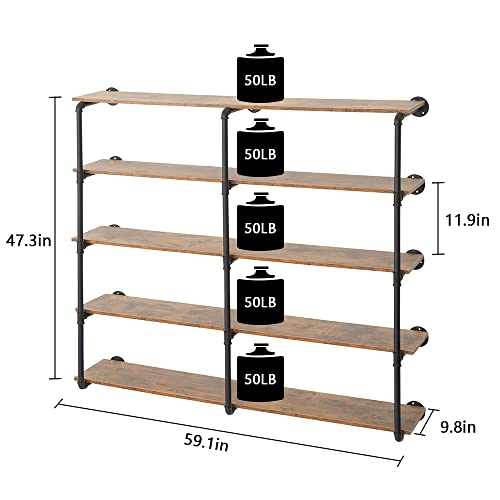 MAIKAILUN 60 inch 5 Tier Industrial Pipe Shelving, Wall Mounted Pantry Farmhouse Kitchen Shelves Open Storage Bookshelf Bookcase Large Retail Display Wood Planks Rack(59 in x 9.8 in x 47 in)