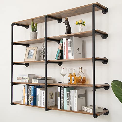 MAIKAILUN 60 inch 5 Tier Industrial Pipe Shelving, Wall Mounted Pantry Farmhouse Kitchen Shelves Open Storage Bookshelf Bookcase Large Retail Display Wood Planks Rack(59 in x 9.8 in x 47 in)