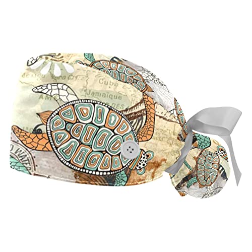 DHH166 Packs Working Cap with Buttons Sweatband Adjustable Hats Surgical Caps for Women Men, Turtle in Map. Multicoloured2