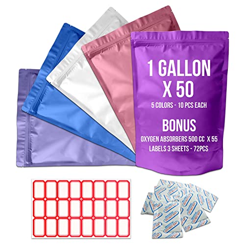 50pcs Large 1 Gallon Mylar Bags for Long Term Food Storage 10" x 14" 11 Mil - Ziplock Standup Heat Sealable with 500cc Oxygen Absorbers - 5 Colors