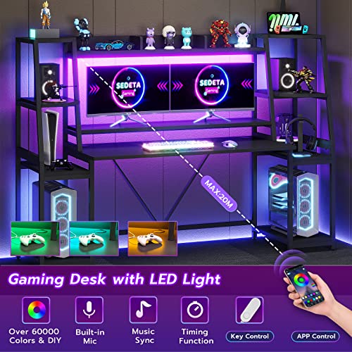 SEDETA Gaming Desk 78.8'' with LED Lights, Hutch and Storage Shelves, Computer Desk with Monitor Stand, Large PC Gamer Desk Workstation, Ergonomic Gaming Table for Bedroom, Living Room, Black