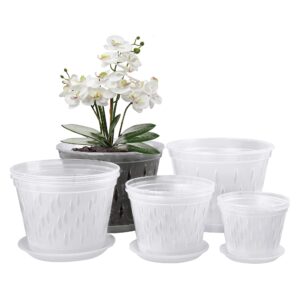 lanccona orchid pots- 2 each of 4, 5, 6 and 7 inch- 8 pots and saucers, orchid pots with holes and clear plastic orchid pots for repotting