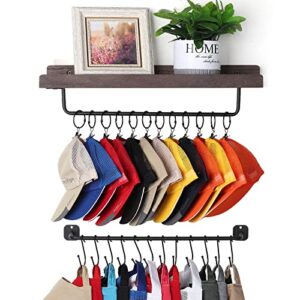 hydermus hat rack for wall with shelf for 24 baseball caps metal hat organizer with 12 clips and 12 hook hat holder wall mounted for baseball caps trucker hat and others hat weathered walnut