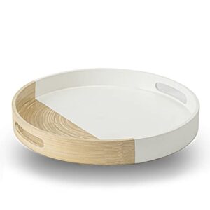 kiwi homie 13.78" dia spun bamboo serving tray, round tray with handles, round ottoman tray, semi white for coffee table, serving food on home dining table, restaurant (white)