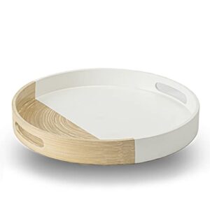 Kiwi Homie 13.78" Dia Spun Bamboo Serving Tray, Round Tray with Handles, Round Ottoman Tray, Semi White for Coffee Table, Serving Food on Home Dining Table, Restaurant (White)