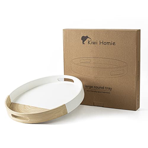 Kiwi Homie 13.78" Dia Spun Bamboo Serving Tray, Round Tray with Handles, Round Ottoman Tray, Semi White for Coffee Table, Serving Food on Home Dining Table, Restaurant (White)