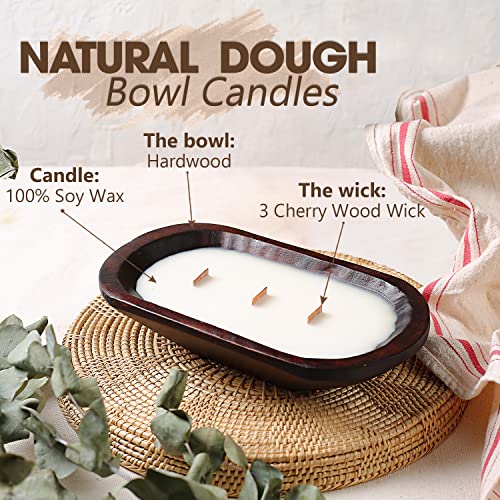 Kiwi Homie 9.06" Wooden Dough White Bowl Candles Wood Hand Poured Soy Wax Candle, Farmhouse Long Dough Bowl Candles for Table, 3 Cherry Wood Wick Candle for Wedding Gift (Cinnamon)