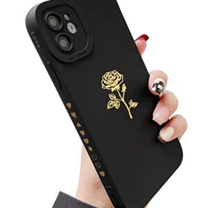 Qokey for iPhone 11 Case(2019 6.1"), Cute Plated Rose Gold Flower with Anti-Fall Lens Cameras Cover Shell, Soft TPU Shockproof Anti-Fingerprint Phone Protection Cases for Women Girls Men,Black