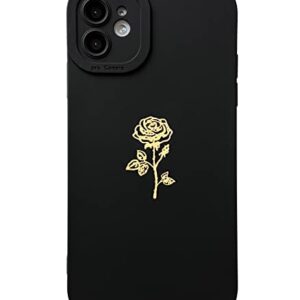 Qokey for iPhone 11 Case(2019 6.1"), Cute Plated Rose Gold Flower with Anti-Fall Lens Cameras Cover Shell, Soft TPU Shockproof Anti-Fingerprint Phone Protection Cases for Women Girls Men,Black