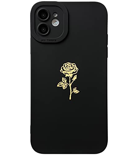 Qokey for iPhone 11 Case(2019 6.1"), Cute Plated Rose Gold Flower with Anti-Fall Lens Cameras Cover Shell, Soft TPU Shockproof Anti-Fingerprint Phone Protection Cases for Women Girls Men,Black