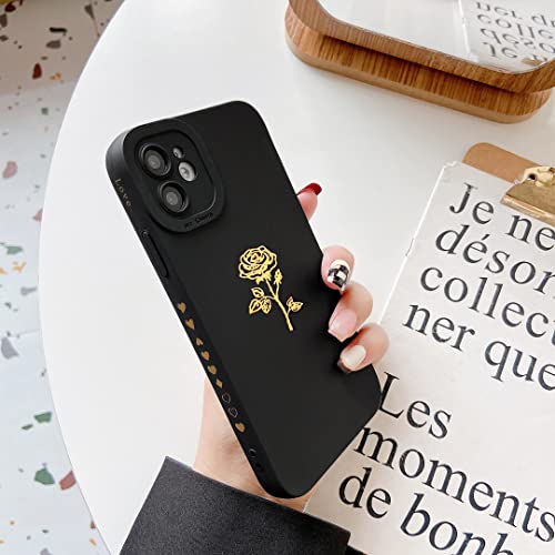 Qokey for iPhone 11 Case(2019 6.1"), Cute Plated Rose Gold Flower with Anti-Fall Lens Cameras Cover Shell, Soft TPU Shockproof Anti-Fingerprint Phone Protection Cases for Women Girls Men,Black