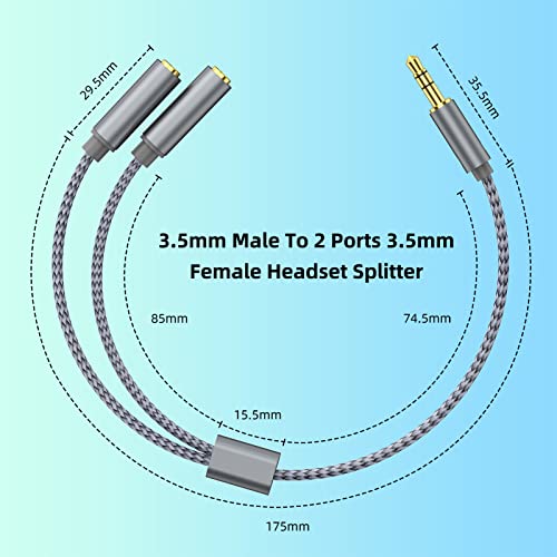 SCETREND Headphone Splitter Audio Jack Earphone Splitter Aux Cord Splitter 2 Way Nylon-Braided Stereo Aux Cable for Headphones Tablets Laptop PS4 Switch Tablets PC Speakers Silver