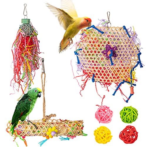 Kukaster Pet Bird Parrot Shredder Toys Set Colorful Bird Chewing Toys Foraging Shredder Toy Parrots Cage Accessories Hanging Toys for Small Lovebird Cockatiel Conures Parakeets Budgie