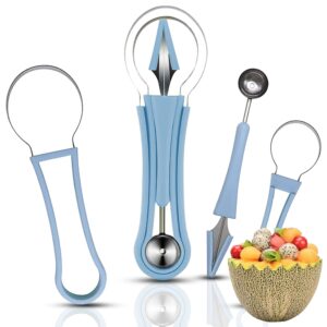 jtdeal melon ball scoop set, multifunctional 4 in 1 stainless steel fruit carving tool knife set, fruit platter carving fruit plate small tool, cantaloupe watermelon ball scoop (blue)