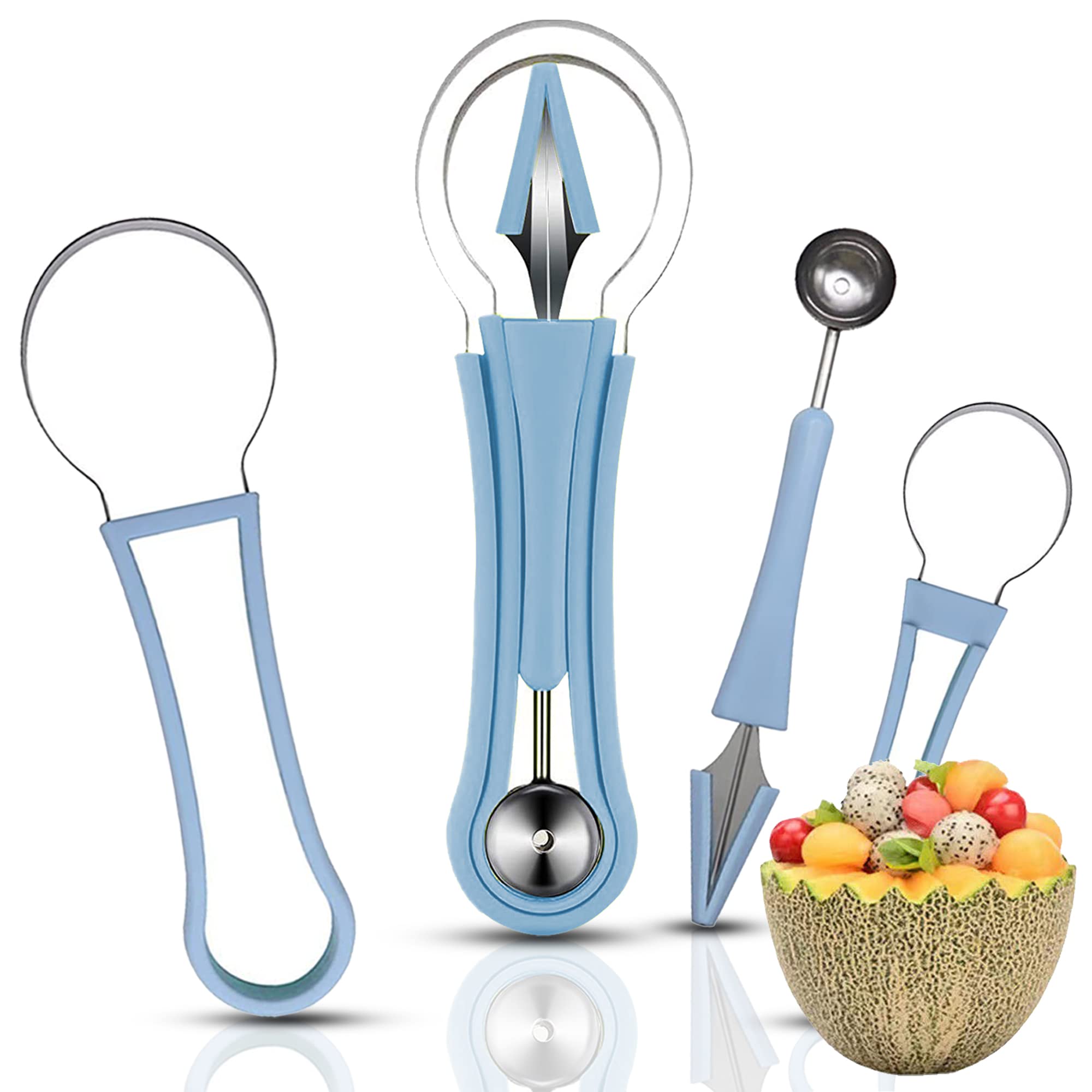 JTDEAL Melon Ball Scoop Set, Multifunctional 4 in 1 Stainless Steel Fruit Carving Tool Knife Set, Fruit Platter Carving Fruit Plate Small Tool, Cantaloupe Watermelon Ball Scoop (blue)