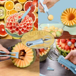 JTDEAL Melon Ball Scoop Set, Multifunctional 4 in 1 Stainless Steel Fruit Carving Tool Knife Set, Fruit Platter Carving Fruit Plate Small Tool, Cantaloupe Watermelon Ball Scoop (blue)