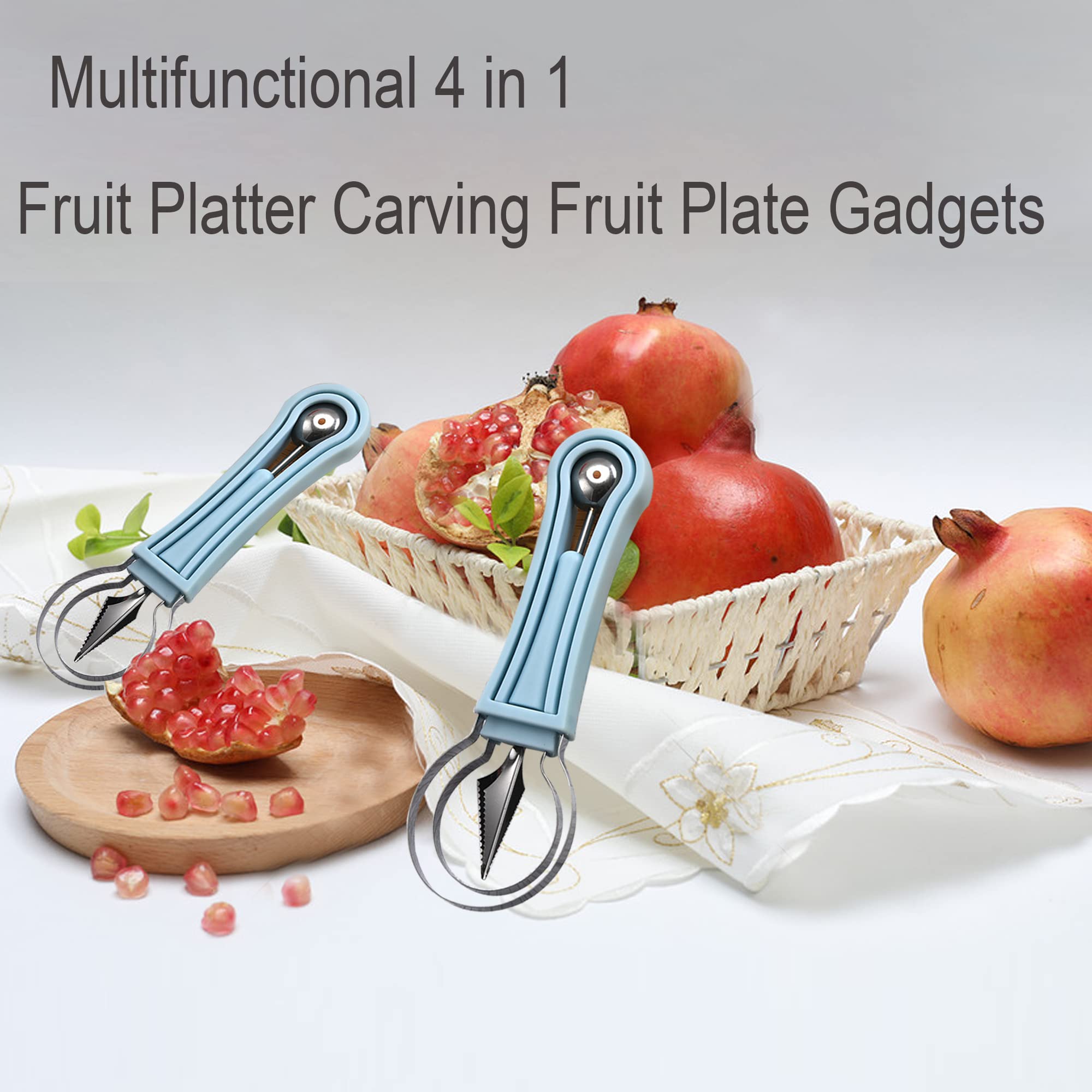 JTDEAL Melon Ball Scoop Set, Multifunctional 4 in 1 Stainless Steel Fruit Carving Tool Knife Set, Fruit Platter Carving Fruit Plate Small Tool, Cantaloupe Watermelon Ball Scoop (blue)