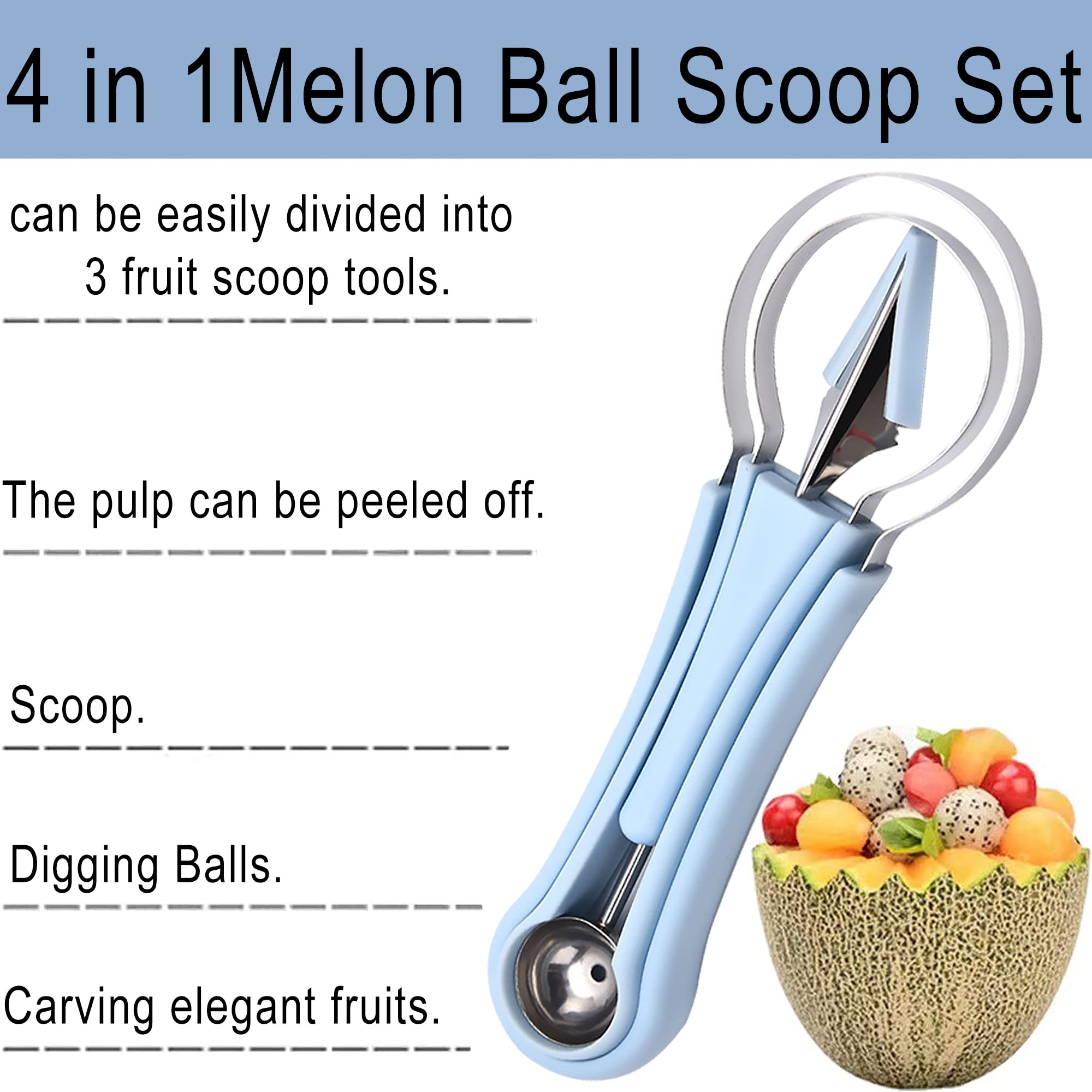 JTDEAL Melon Ball Scoop Set, Multifunctional 4 in 1 Stainless Steel Fruit Carving Tool Knife Set, Fruit Platter Carving Fruit Plate Small Tool, Cantaloupe Watermelon Ball Scoop (blue)