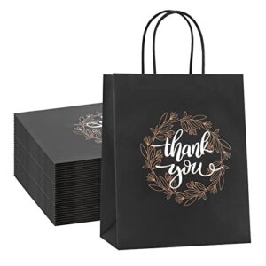 qielser thank you gift bags bulk 50 pcs 8"x4.75"x10" medium black kraft paper bags with handles, tissue paper, and hang tags for retail shopping, wedding, baby shower holiday, party