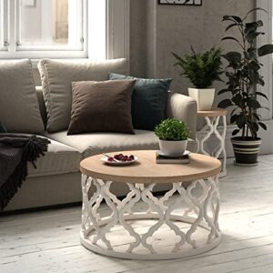 cozayh rustic farmhouse coffee table, distressed wood top table with curved motif frame base for boho, french country decor, round, white, 30dx30wx16h in