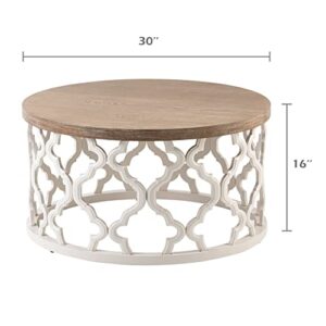 COZAYH Rustic Farmhouse Coffee Table, Distressed Wood Top Table with Curved Motif Frame Base for Boho, French Country Decor, Round, White, 30Dx30Wx16H in