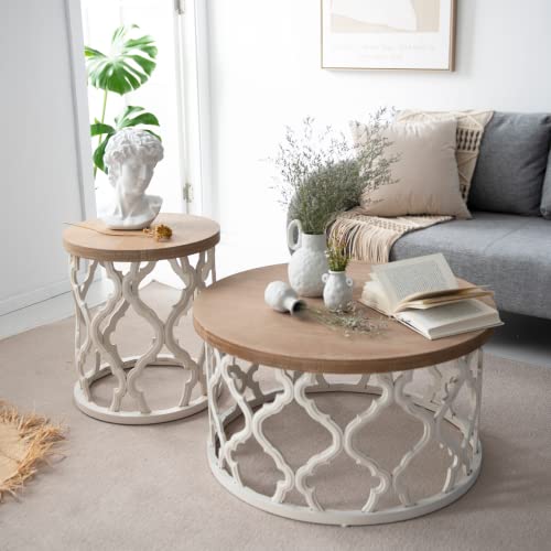 COZAYH Rustic Farmhouse Coffee Table, Distressed Wood Top Table with Curved Motif Frame Base for Boho, French Country Decor, Round, White, 30Dx30Wx16H in