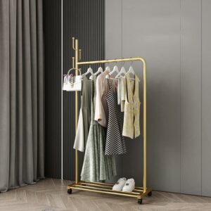 botaoyiyi gold clothing garment rack with lockable wheels, 3-in-1 rolling clothes rack for hanging clothes, 5 side hooks and bottom shelves organizing clothes,shoes,bags,hats