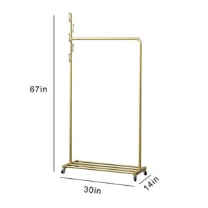 BOTAOYIYI Gold Clothing Garment Rack with Lockable Wheels, 3-in-1 Rolling Clothes Rack for Hanging Clothes, 5 Side Hooks and Bottom Shelves Organizing Clothes,Shoes,bags,hats