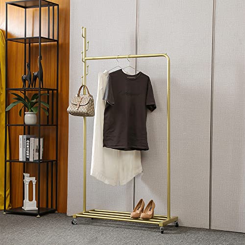 BOTAOYIYI Gold Clothing Garment Rack with Lockable Wheels, 3-in-1 Rolling Clothes Rack for Hanging Clothes, 5 Side Hooks and Bottom Shelves Organizing Clothes,Shoes,bags,hats