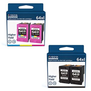 ankink higher yield 64xl 2 black 2 color combo | xlarge replacement for hp 64xl ink cartridges | hp 64 xl fit for envy photo 6255 6400 7100 7155 7164 7800 7855 7858 tango x printer hp64 hp64xl 4 pack